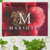 赤と金ゴールドモダンのフローラモノグラムの姓 キッチンタオル (折り畳み)