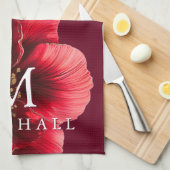 赤と金ゴールドモダンのフローラモノグラムの姓 キッチンタオル (四つ折り)