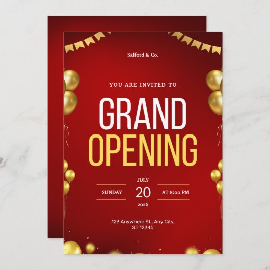赤と金ゴールドモダングランドオープニング招待状 招待状 (正面/裏面)