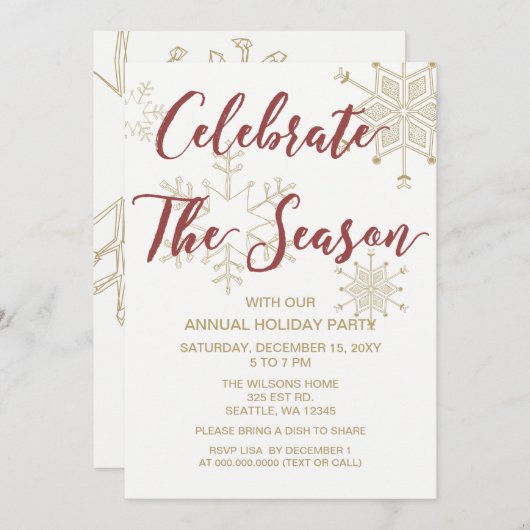 赤と金ゴールドモダンホリデーパーティー 招待状 (正面/裏面)