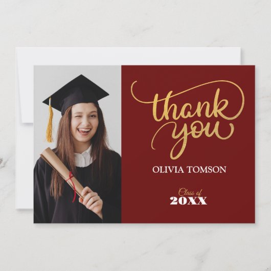赤と金ゴールドモダン卒業ありがとうフォトカード サンキューカード (正面)