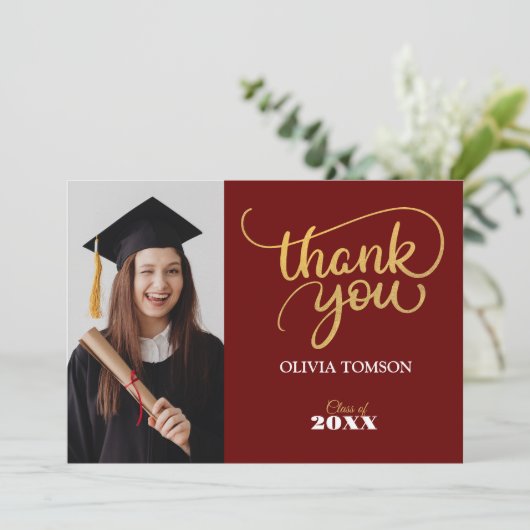 赤と金ゴールドモダン卒業ありがとうフォトカード サンキューカード (スタンド正面)