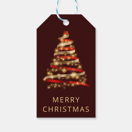 赤と金ゴールドリボン&グリッタークリスマスツリー ギフトタグ (正面)