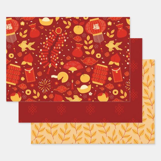 赤と金ゴールド中国のの新年お祝い ラッピングペーパーシート (セット)