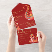 赤と金ゴールド中国の、新年、辰年 オールインワン招待状 (貼ってはがせる)