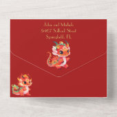 赤と金ゴールド中国の、新年、辰年 オールインワン招待状 (裏面)