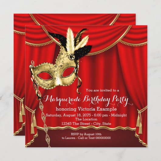 赤と金ゴールド仮装の誕生日パーティー 招待状 (正面/裏面)