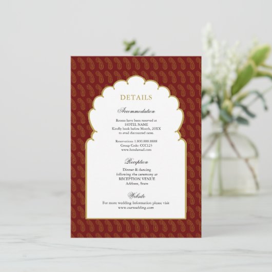 赤と金ゴールド伝統的インディアン結婚の詳細 エンクロージャーカード (スタンド正面)