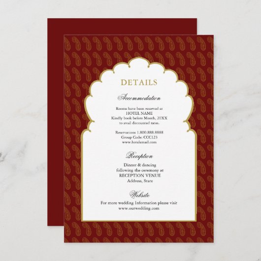 赤と金ゴールド伝統的インディアン結婚の詳細 エンクロージャーカード (正面/裏面)
