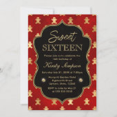 赤と金ゴールド冬のジンジャーブレッドマンスウィート16 招待状 (正面)