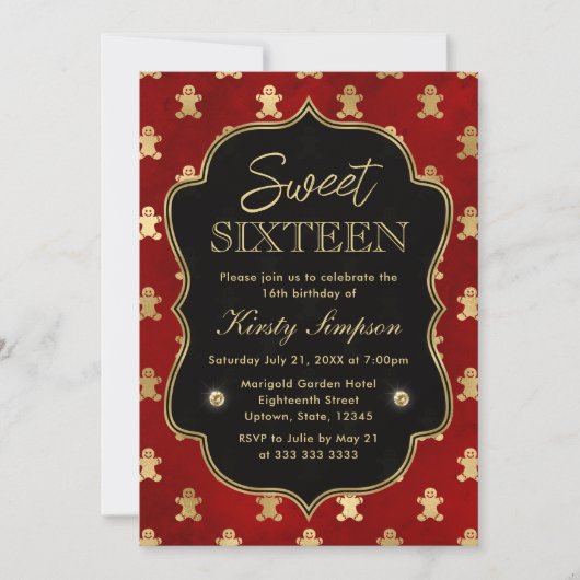 赤と金ゴールド冬のジンジャーブレッドマンスウィート16 招待状 (正面)