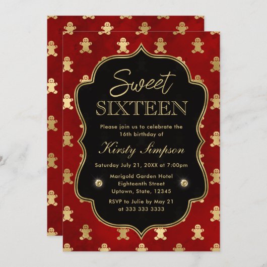 赤と金ゴールド冬のジンジャーブレッドマンスウィート16 招待状 (正面/裏面)