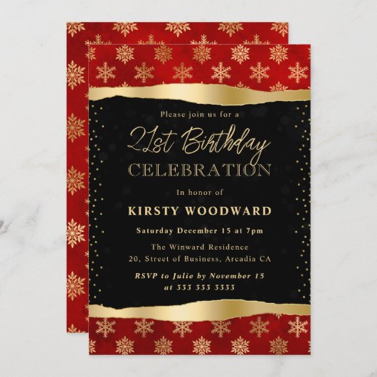赤と金ゴールド冬の雪片21st誕生日 招待状 (正面/裏面)