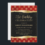 赤と金ゴールド冬の雪片21st誕生日 招待状<br><div class="desc">赤と金ゴールドエレガント冬の雪片クリスマスティールエッジ暗い《写真》ぼけ味背景に金ゴールド要素とデザイン</div>