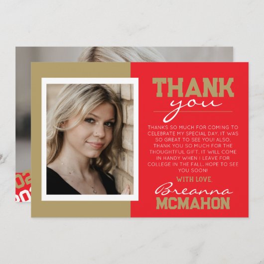 赤と金ゴールド卒業2写真サンキューカード 招待状 (正面/裏面)