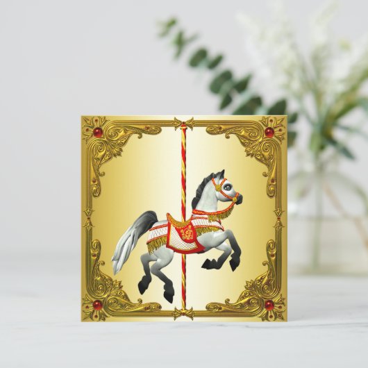 赤と金ゴールド回転木馬馬の誕生日パーティー 招待状 (スタンド正面)