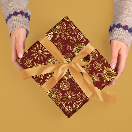 赤と金ゴールド抽象芸術クリスマススノーフレーク2 ラッピングペーパー