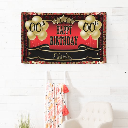 赤と金ゴールド抽象芸術ハッピー00誕生日 横断幕 (インサイチュ)