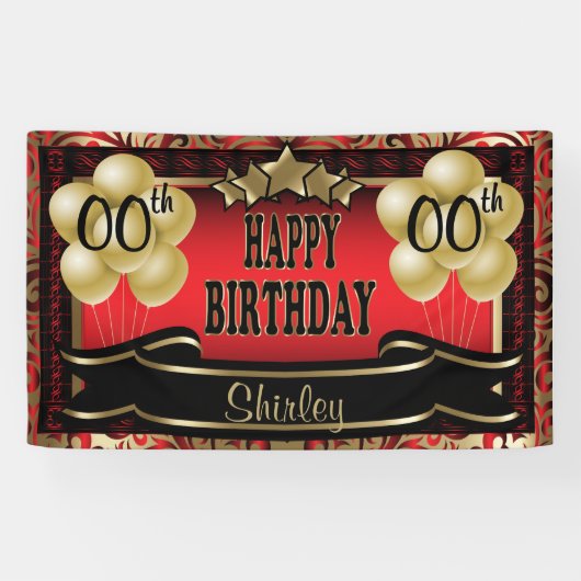 赤と金ゴールド抽象芸術ハッピー00誕生日 横断幕 (横)