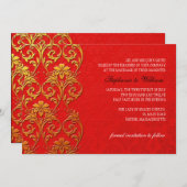 赤と金ゴールド旋回結婚式招待状 セーブザデート (正面/裏面)
