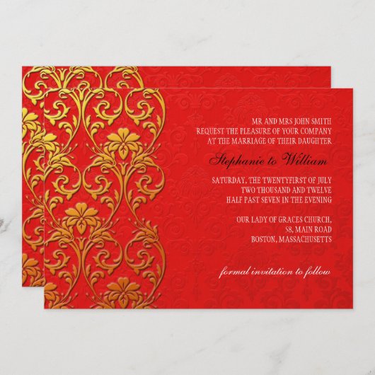 赤と金ゴールド旋回結婚式招待状 セーブザデート (正面/裏面)