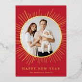 赤と金ゴールド日が差すことハッピーニューイヤー写真 箔シーズンカード (正面)