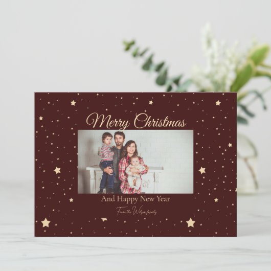 赤と金ゴールド星空の夜の写真クリスマス シーズンカード (スタンド正面)