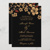 赤と金ゴールド桜さくらんぼ結婚ブロッサム 招待状 (正面/裏面)