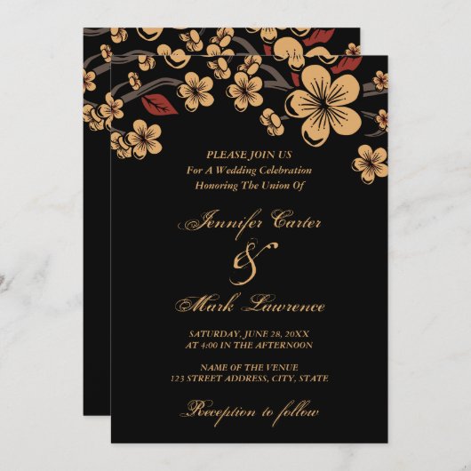 赤と金ゴールド桜さくらんぼ結婚ブロッサム 招待状 (正面/裏面)