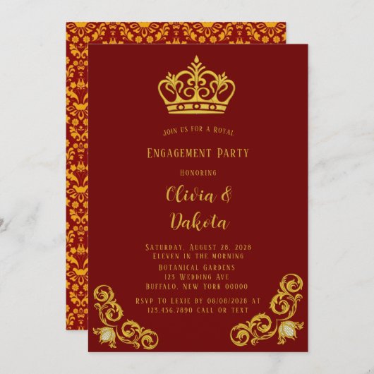 赤と金ゴールド王室のの結婚婚約パーティ 招待状 (正面/裏面)