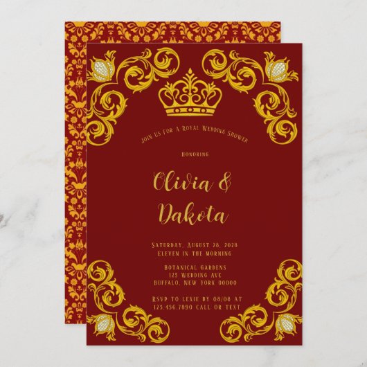 赤と金ゴールド王室のクラウンウェディングシャワー招待状 招待状 (正面/裏面)