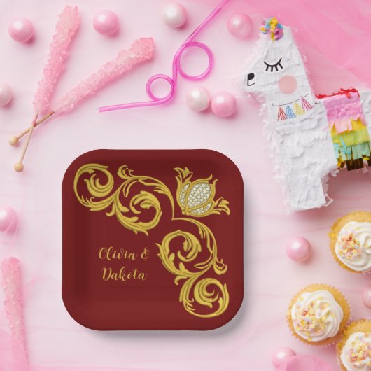 赤と金ゴールド王室のクラウン結婚ズ ペーパープレート (パーティー)