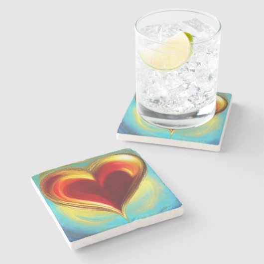 赤と金ゴールド白熱［赤熱］光を放つハート大理石コースター ストーンコースター (横)