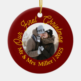 赤と金ゴールド私たちの初めてのクリスマス2025 Photo Keepsake セラミックオーナメント