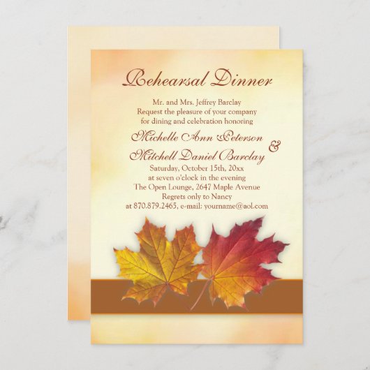 赤と金ゴールド秋のメープル離れのリハーサルディナー 招待状 (正面/裏面)