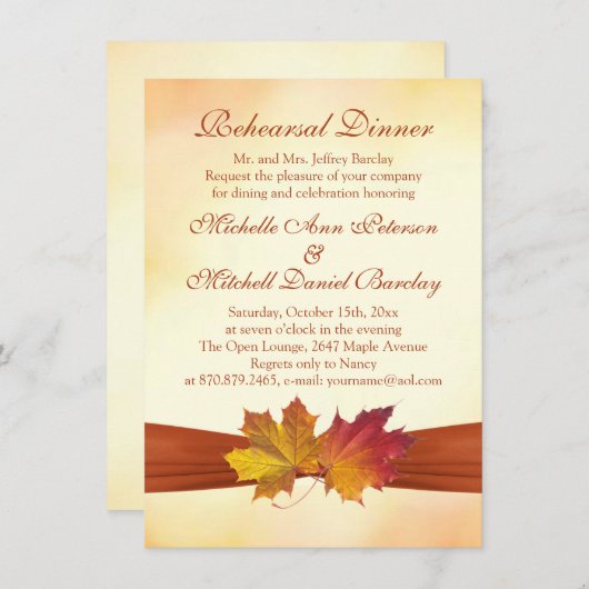 赤と金ゴールド秋のメープル離れのリハーサルディナー 招待状 (正面/裏面)