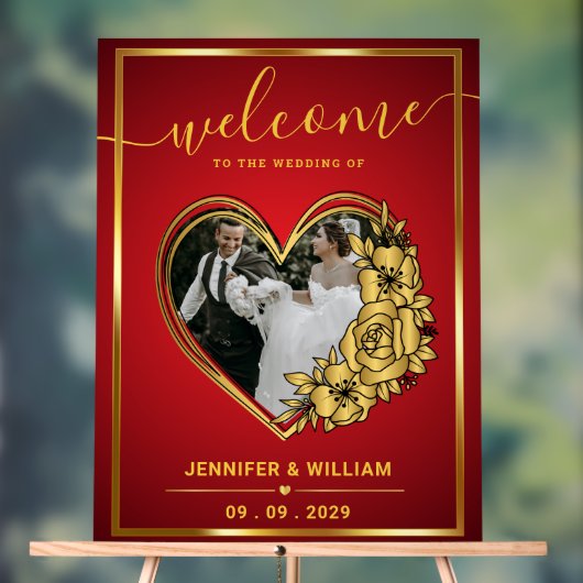 赤と金ゴールド結婚のテーマ写真ハート形 アクリルサイン (ニュートラル)