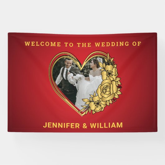 赤と金ゴールド結婚のテーマ写真ハート形 横断幕 (横)