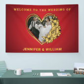 赤と金ゴールド結婚のテーマ写真ハート形 横断幕 (トレードショー)