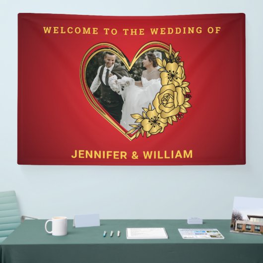 赤と金ゴールド結婚のテーマ写真ハート形 横断幕 (トレードショー)