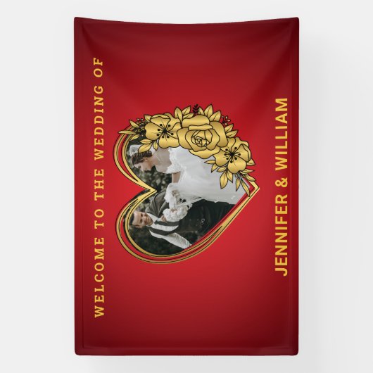 赤と金ゴールド結婚のテーマ写真ハート形 横断幕 (縦)