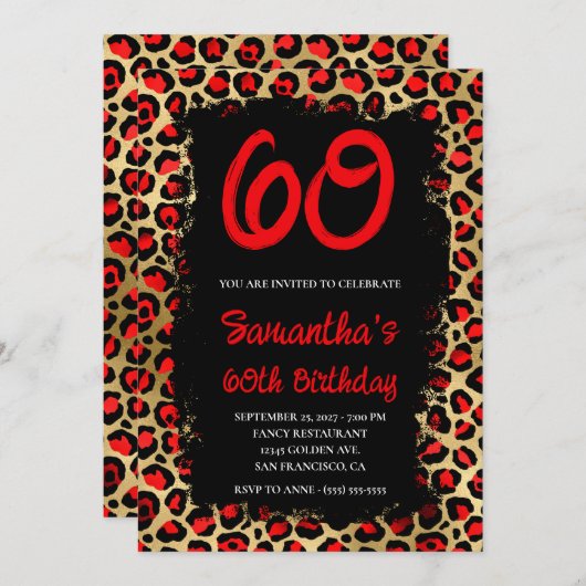 赤と金ゴールド絵を描ヒョウブラック60誕生日 招待状 (正面/裏面)