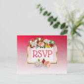 赤と金ゴールド色あせたフローラ結婚式RSVPはがき インビテーションポストカード (スタンド正面)