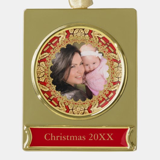赤と金ゴールド華美カスタム写真 ゴールドプレートバナーオーナメント (正面)