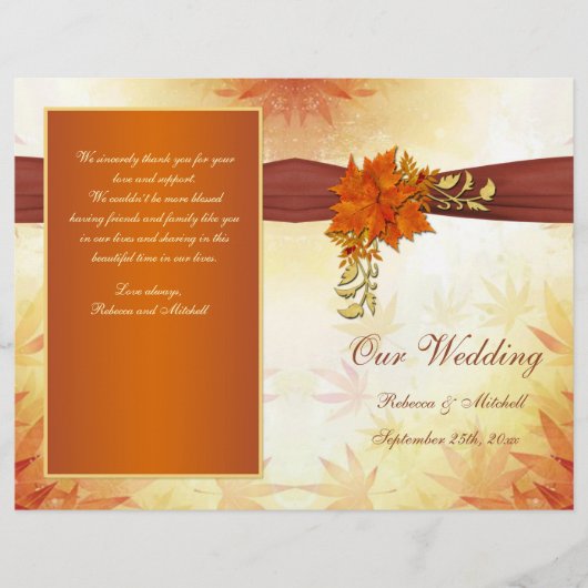 赤と金ゴールド葉の結婚式 プログラム (正面)