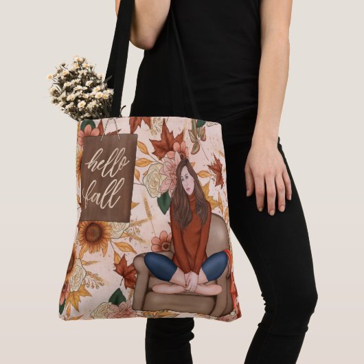 赤と金ゴールド葉黄色ひまわり葉と トートバッグ (クローズアップ)