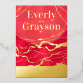 赤と金ゴールド銀河系マーブル金ゴールド結婚ズ 箔招待状 (正面)