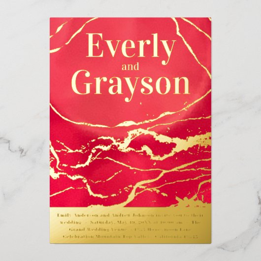 赤と金ゴールド銀河系マーブル金ゴールド結婚ズ 箔招待状 (正面)
