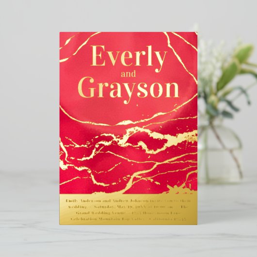 赤と金ゴールド銀河系マーブル金ゴールド結婚ズ 箔招待状 (立ち正面)