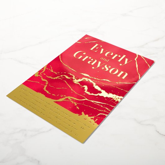 赤と金ゴールド銀河系マーブル金ゴールド結婚ズ 箔招待状 (回転した状態)